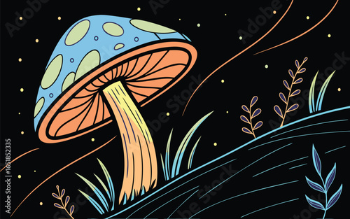 Vector glowing bioluminescent mushroom radiating blue orange cosmic light trails starry night background golden stem electric blue purple cap magical spores