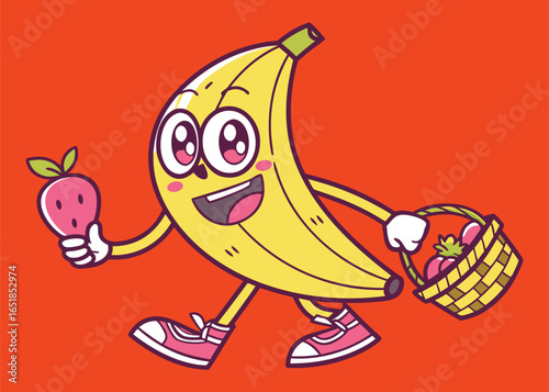 Happy cartoon banana hero with sneakers