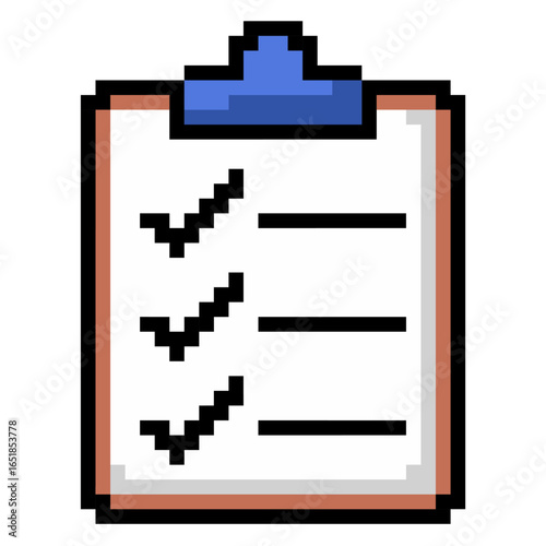 Pixel task list clipboard icon vector for to-do lists, organization, and project management in a retro pixelated style. Perfect for illustrating digital tasks, planning, and goal setting.