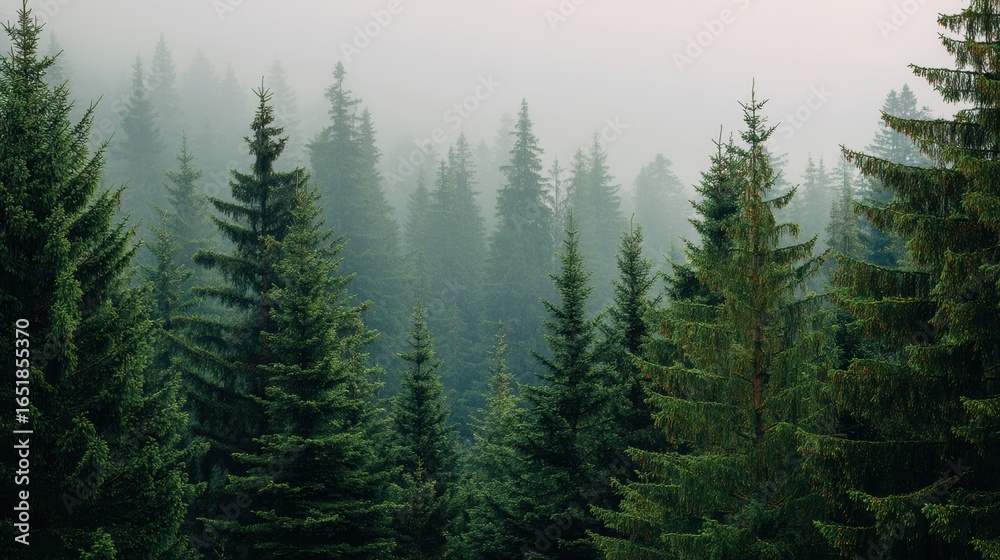 Fototapeta premium Misty evergreen forest shrouded in fog for wellness branding, meditation background, eco-friendly campaigns and outdoor adventure websites