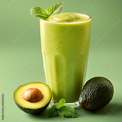 Delicious green avocado smoothie in a tall glass, garnished with mint, surrounded by ripe avocados on a vibrant green surface.