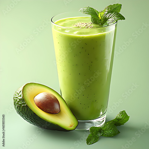 Refreshing avocado green smoothie in a glass with mint garnish and fresh avocados on a light green background.