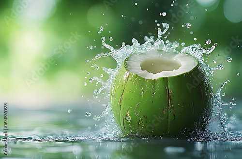 Isolated green coconut half with energetic water splash on a blurred natural green background, healthy tropical concept.