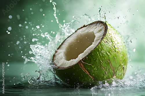Vibrant green coconut half hitting water with dynamic splash and droplets on a blurred natural background.