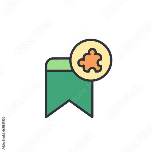 An icon showing a bookmark with a puzzle piece in a circle on top, symbolizing a saved solution, a favorite plugin, or an important piece of information.