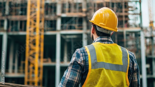 A construction worker wearing a yellow hard hat and safety vest, standing in front of a construction site with cranes and scaffolding.