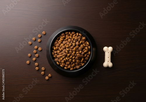 Top View of Dog Food Bowl with Dry Kibble and Bone Shaped Biscuit on Dark Wooden Table