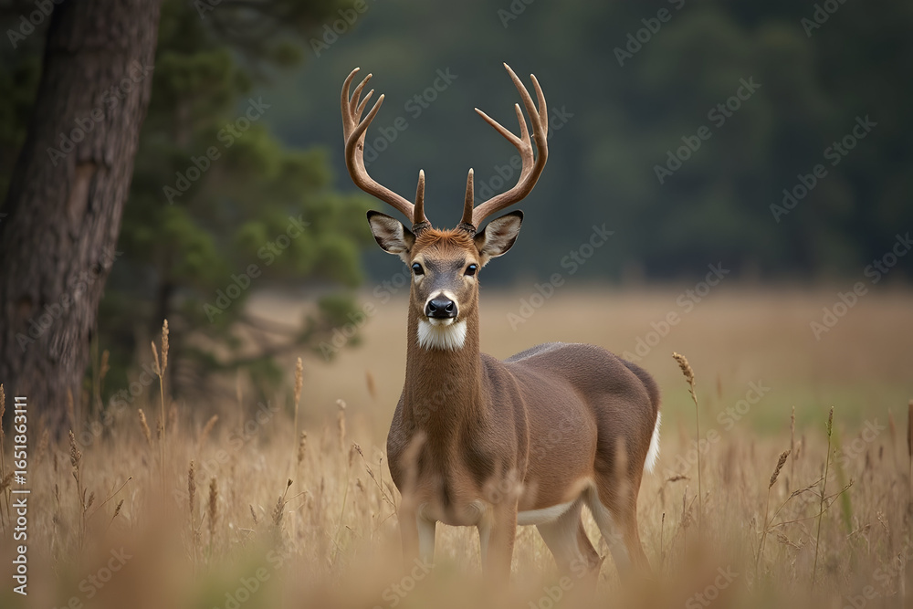 Deer Standing in Grassy Field Looking at Camera Deer Standing in Grassy Field Looking at Camera