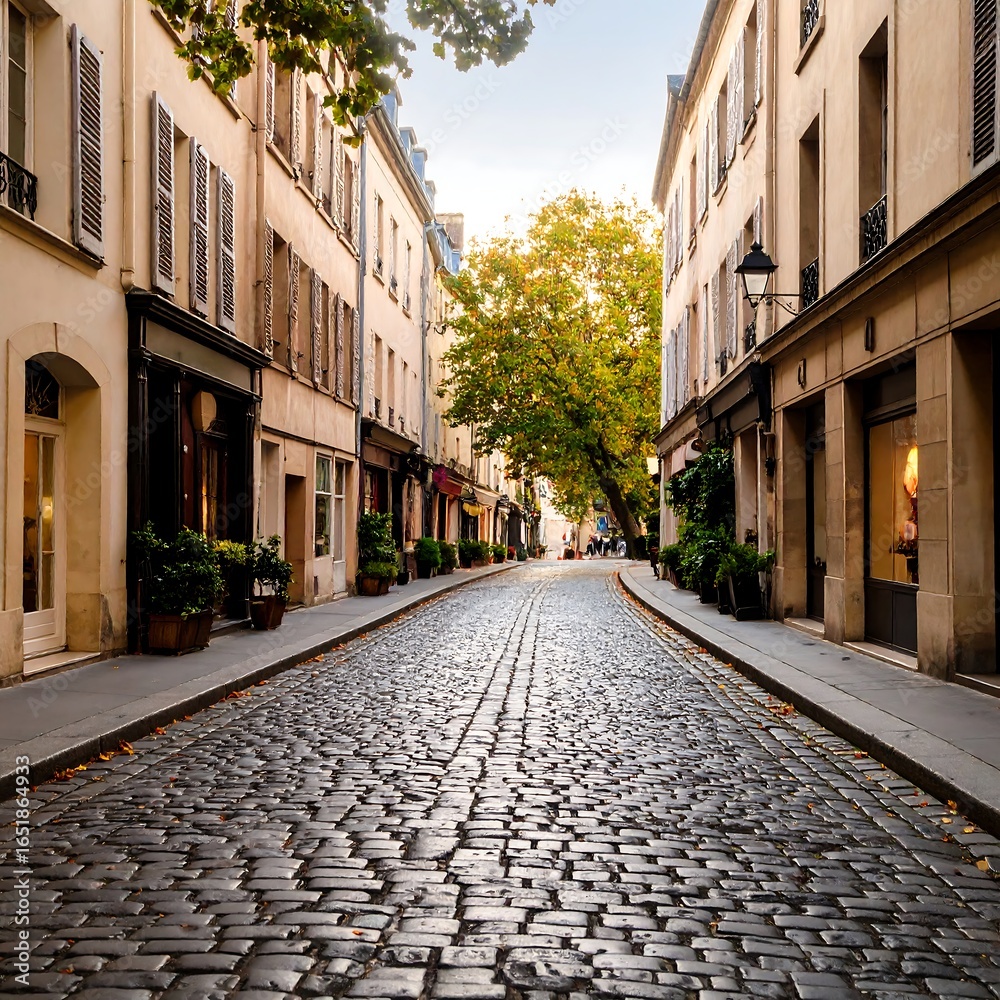 Fototapeta premium Cobblestone street, lined with buildings and trees, autumnal light