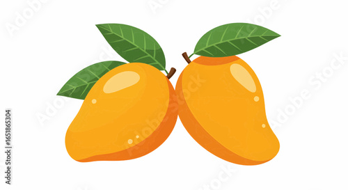Two Ripe Mangoes with Green Leaves Vector Illustration