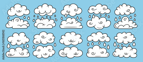 Collection of cartoon clouds with rain drops and swirls on a blue background raining weather