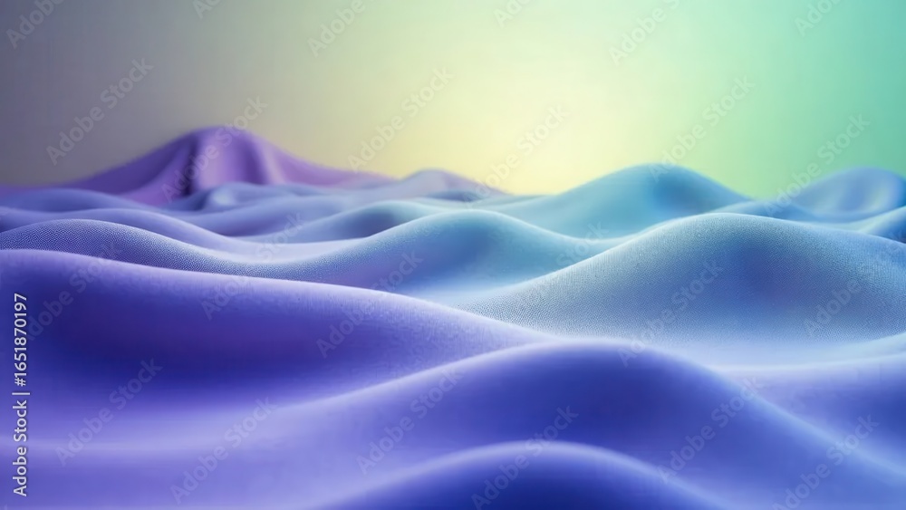 Obraz premium Soft flowing fabric texture in gradient purple and blue with light green background, tranquil abstract art.