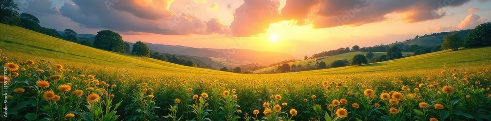 Obraz premium A lush valley floor brimming with ripe, ready-to-harvest crops under a vibrant sky Abundant bounty of nature ready for gathering Ideal for agricultural and farming concepts , ready, plant