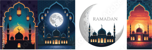 Islamic mosques and crescent moon with Ramadan text on white background vector