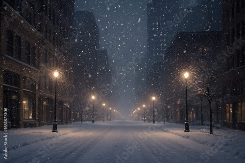 Snowfall in the City at Night – Urban Winter Atmosphere