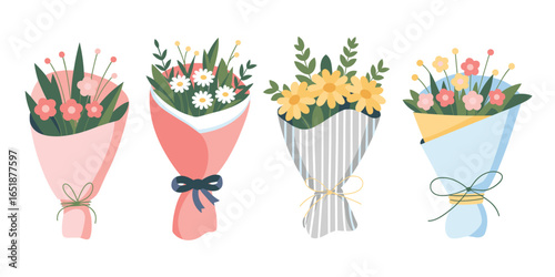 Four flat design floral bouquets in pastel colors on white background flower arrangement