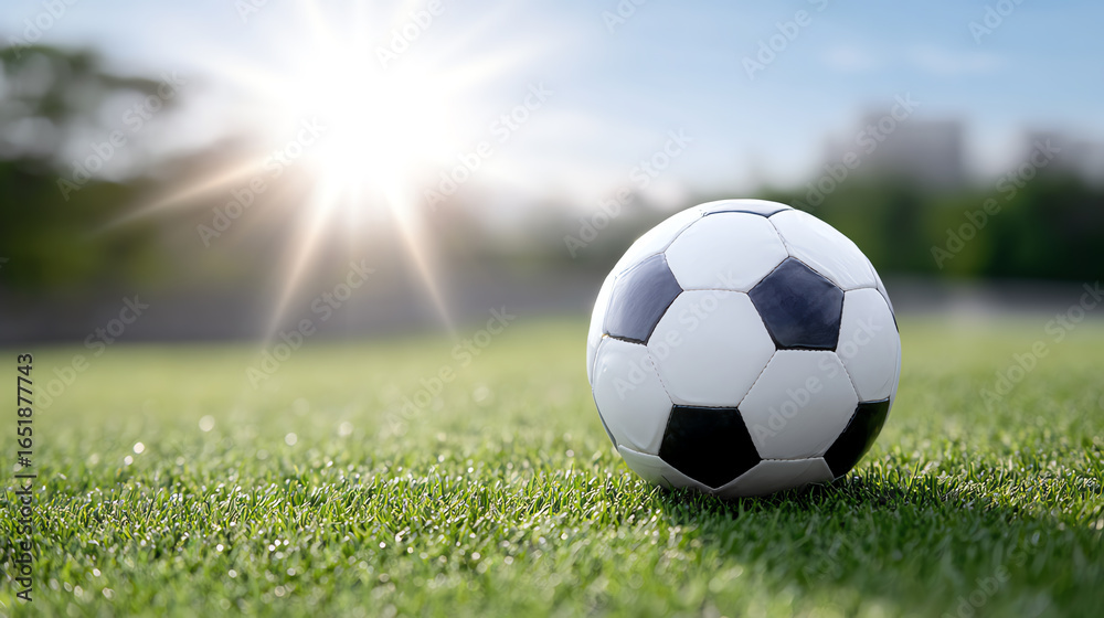 Fototapeta premium A close-up of a soccer ball on green grass, illuminated by bright sunlight, ideal for sports and outdoor activities.