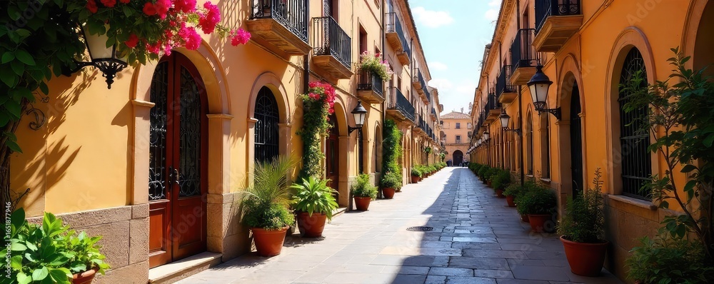 Naklejka premium Sun-drenched streets of Seville, Andalusia, Spain Ornate architecture, vibrant flowers, and charming alleyways create a picturesque scene Perfect for travel and tourism , door, building