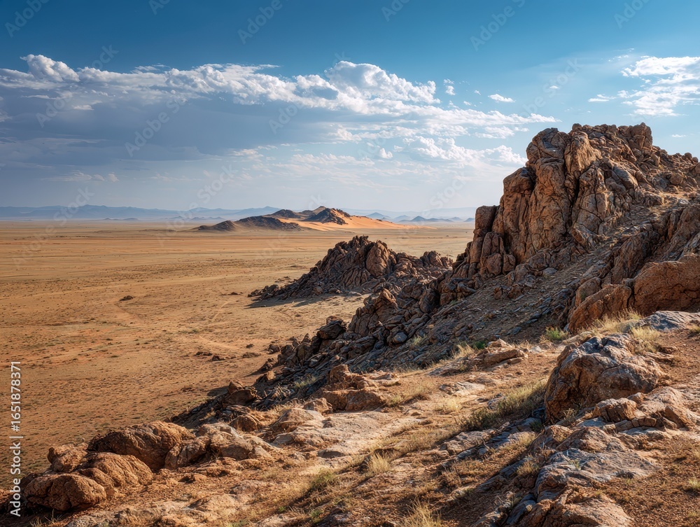 Obraz premium Desolate Gobi expanse: Rugged Rocks and Solitary Dune on the Horizon