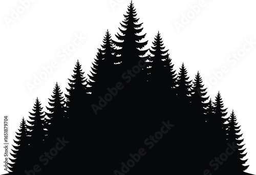 A black silhouette of a pine tree forest a mountain, representing a coniferous woodland landscape with evergreen trees in nature