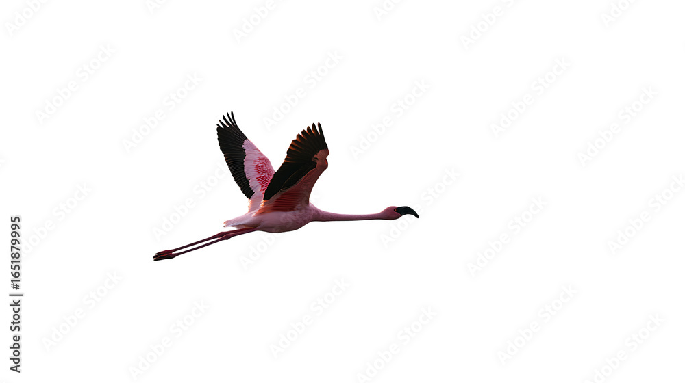 Obraz premium Pink Flamingo in Flight Over Calm Waters, Bird Flying, Tropical Wildlife, Graceful Movement in Nature