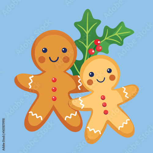 Pair of Gingerbread Cookies Under Mistletoe Sprig Holiday Flat Vector Illustration