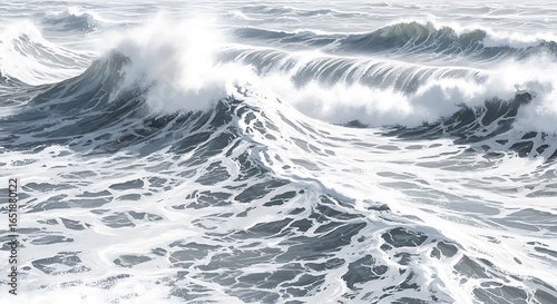 Choppy Ocean Waves with Whitecaps and Turbulent Water Surface Graphic Illustration Style in Dramatic Grey Color Palette
