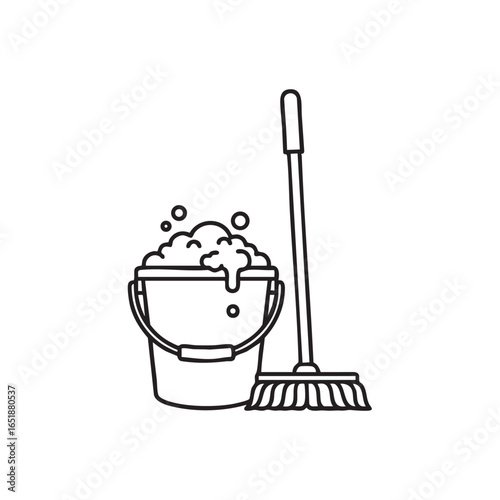 Cleaning supplies outline vector illustration of mop and bucket with soapy water for cleaning and hygiene promotion