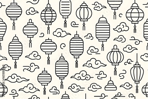 Seamless lantern & cloud pattern — Mid‑Autumn outline style