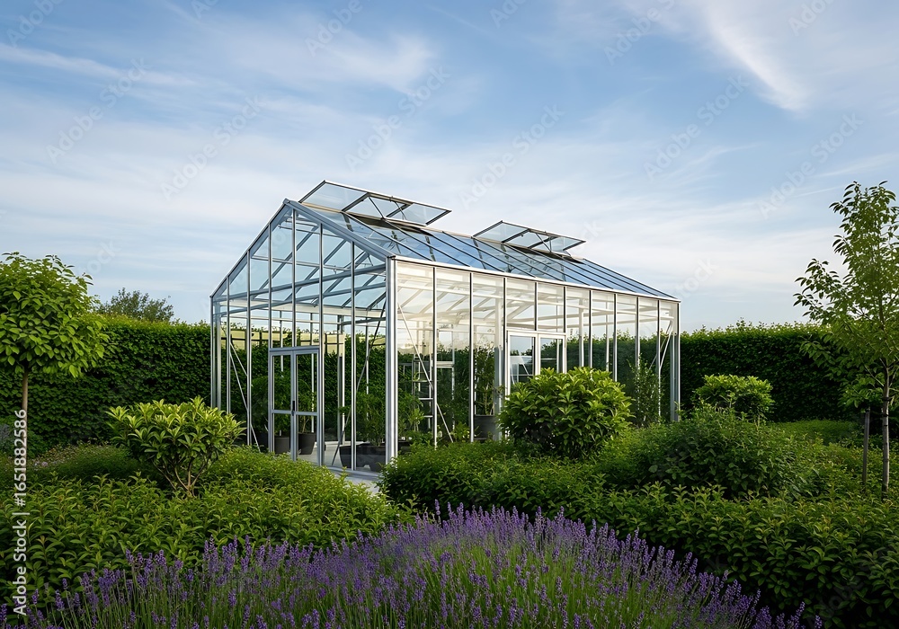 Obraz premium Elegant Greenhouse Oasis A Symphony of Glass Lavender and Verdant Greenery in Serene Outdoor Setting