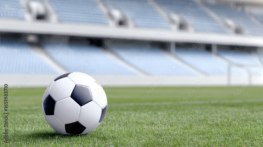 Fototapeta premium Close-up of a soccer ball on a lush green field, highlighting the excitement of the game and the anticipation of fans in the background.