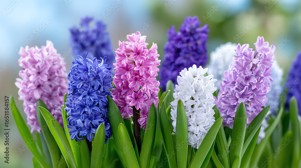Obraz premium Colorful hyacinth flowers blooming vibrantly in a garden, showcasing their lush petals and green foliage.