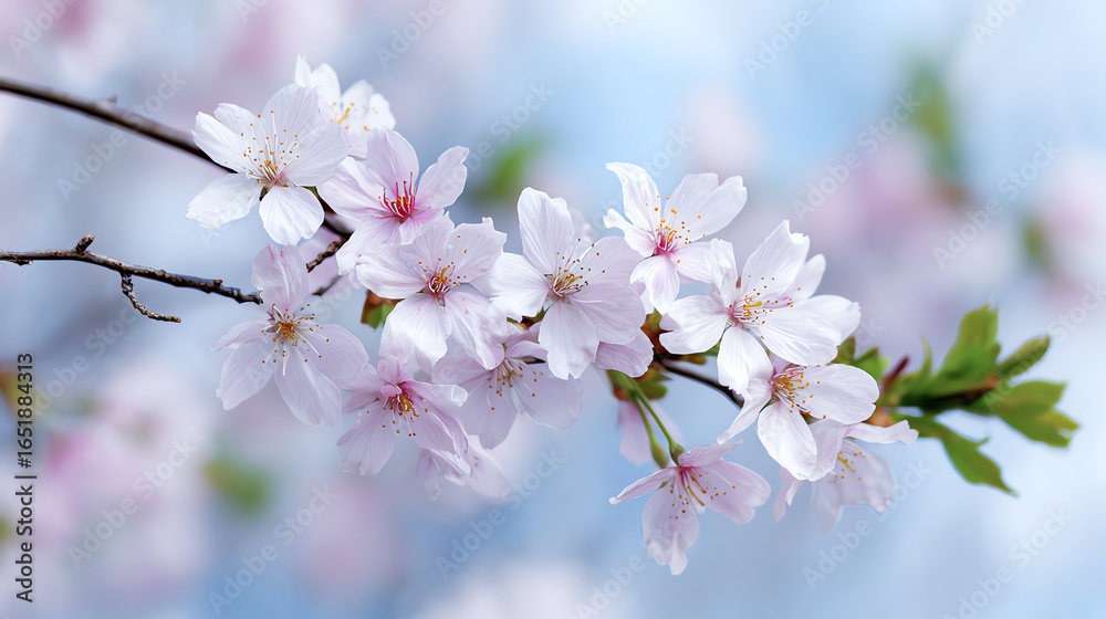 Delicate cherry blossoms bloom against a soft blue background, symbolizing renewal and the beauty of nature's springtime. Delicate cherry blossoms bloom against a soft blue background, symbolizing renewal and the beauty of nature's springtime.