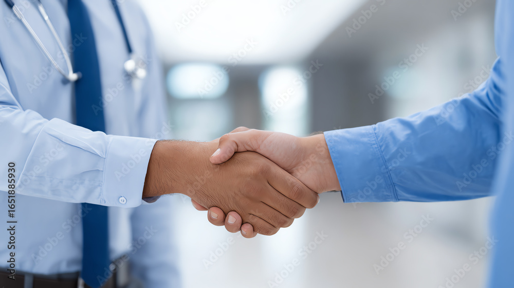 Two professionals in healthcare shaking hands to signify agreement or partnership in a modern office setting. Two professionals in healthcare shaking hands to signify agreement or partnership in a modern office setting.
