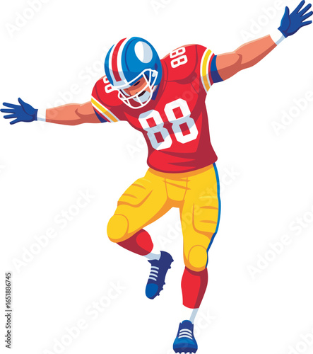 A triumphant American football player celebrates a touchdown, arms outstretched in dynamic mid-air pose.