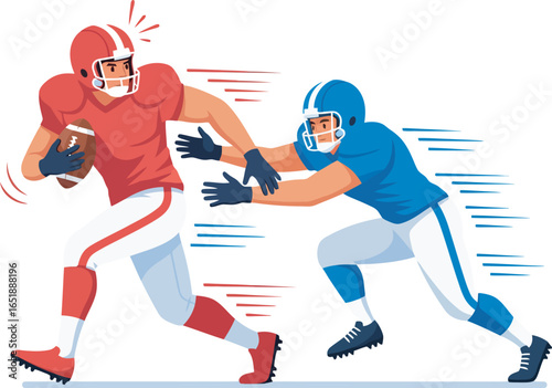Two American football players in action, one carrying the ball, the other tackling.
