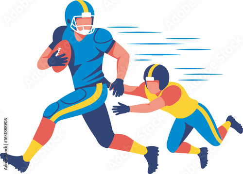 Two American football players in action, one running with the ball, the other tackling him.