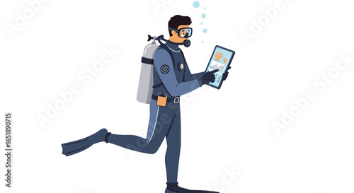 A male scuba diver in full gear, including a tank and flippers, actively uses a digital tablet underwater.