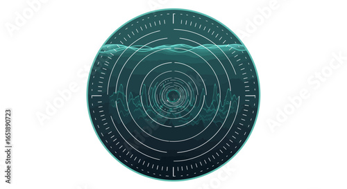 Abstract teal circular graphic resembling a radar or sonar display with concentric rings and dynamic wave patterns.