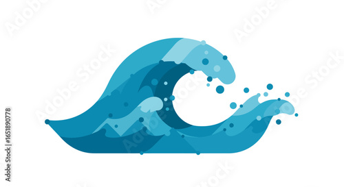 Stylized blue ocean wave with dynamic splashing water droplets, depicted in a flat design illustration.