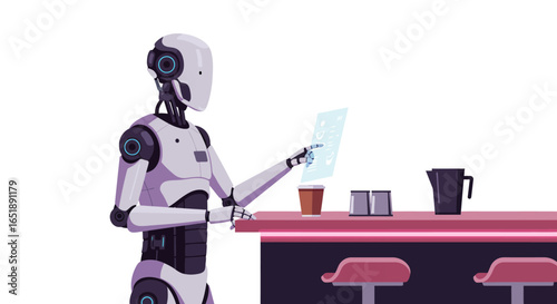 A sleek white robot stands at a modern bar counter, interacting with a futuristic holographic interface.