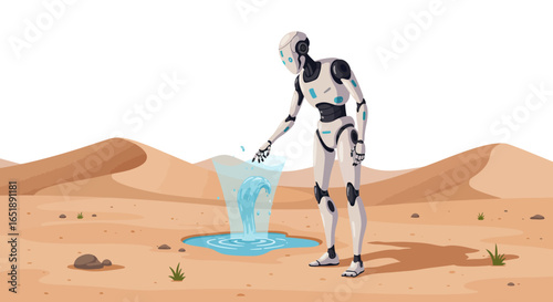 A humanoid robot stands in a barren desert, seemingly conjuring a fish from a small pool of water.