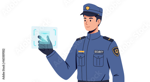 A uniformed security guard uses a futuristic transparent screen for a digital fingerprint identification scan.