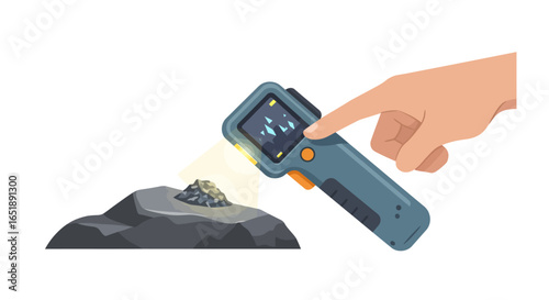 A hand uses a portable analytical device to examine a pile of raw minerals or rocks.