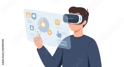 A person wearing a virtual reality headset interacts with a futuristic holographic interface displaying social media icons.