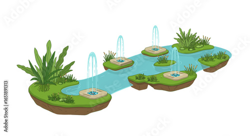 Vibrant cartoon illustration depicting a winding river flowing through lush green islands with multiple spouting fountains.