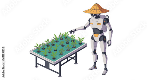 An advanced agricultural robot in a straw hat meticulously tending to a hydroponic plant system.