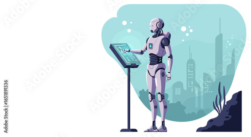 An advanced humanoid robot interacts with a futuristic touchscreen console against a backdrop of a modern, stylized city.