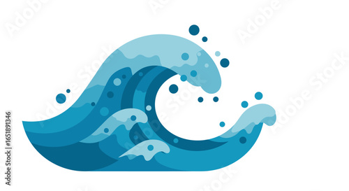 Dynamic illustration of a powerful blue ocean wave cresting with water droplets and foam.