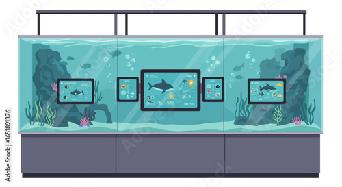 Modern aquarium exhibit with large glass tank and integrated digital displays showing marine animals and educational facts.